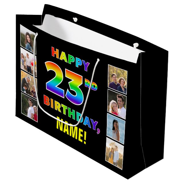 23rd Birthday: Rainbow Text, Custom Photos & Name Large Gift Bag (Front Angled)