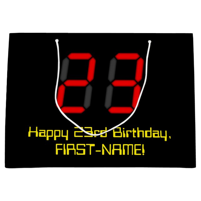 23rd Birthday: Red Digital Clock Style "23" + Name Large Gift Bag (Front)