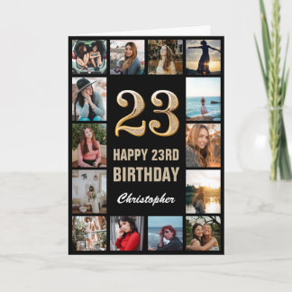 23rd Happy Birthday Black and Gold Photo Collage Card