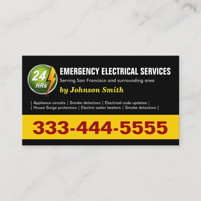 24 Hours Emergency Electrical Service - Two Sided Business Card (Front)