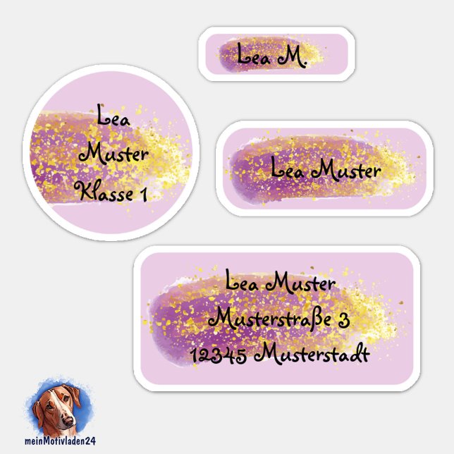 24 Name stickers Lila - Glitter | (Namensaufkleber Set für Mädchen -  Pinselstrich Lila mit Gold Glitzer - 24 teilig, personalisierbar )