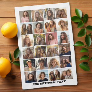 24 Photo Collage - Custom Text - Black and White Kitchen Towel
