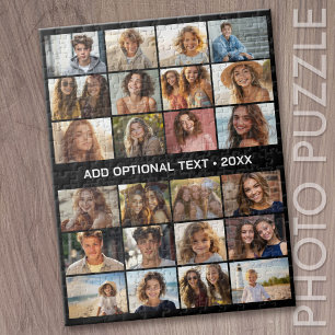 24 Photo Collage Custom Text Modern Minimal Black Jigsaw Puzzle