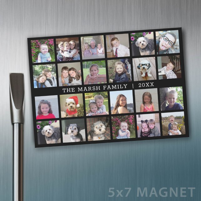 24 Photo Collage Family Name - black fridge magnet (Photo Magnet - 5x7)