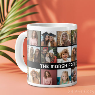 24 Photo Collage with Family Name Date black Large Coffee Mug