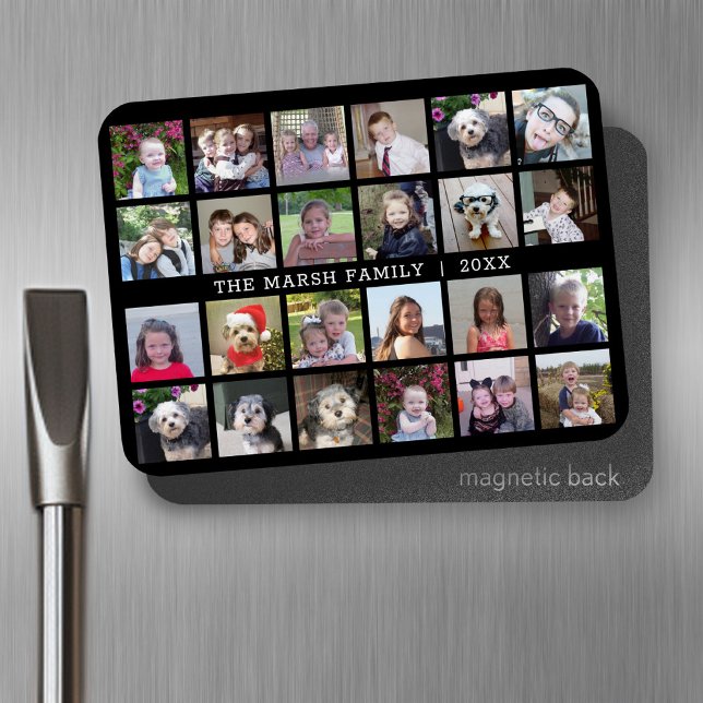 24 Photo Collage with Family Name Date - black Magnet (Personalized fridge magnet - add photos and custom text)