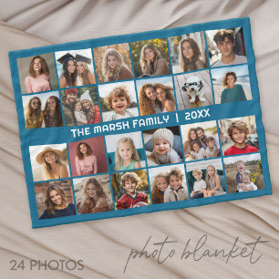 24 Photo Collage with Family Name Date -  Fleece Blanket