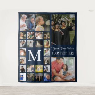 24 Photo Family or Collage With Text Navy Blue Tapestry