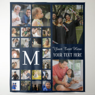 24 Photo Family or Collage With Text Navy Blue  Tapestry