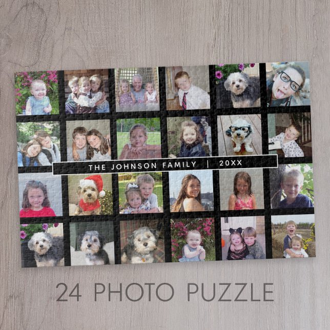 24 Photo Template Collage with Custom Text Jigsaw Puzzle (24 Photo Personalized Jigsaw Puzzle)