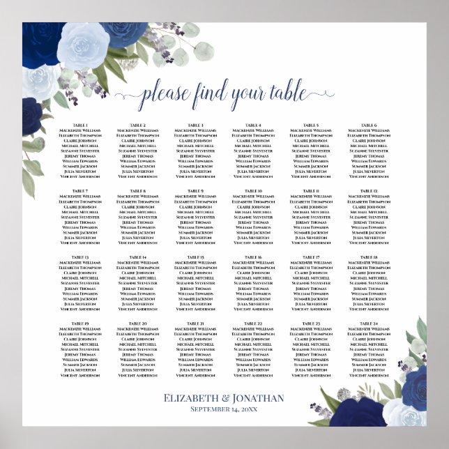 24 Table Elegant Blue Roses Wedding Seating Chart (Front)