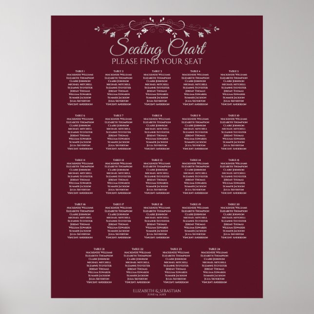 24 Table Elegant Burgundy Wedding Seating Chart (Front)