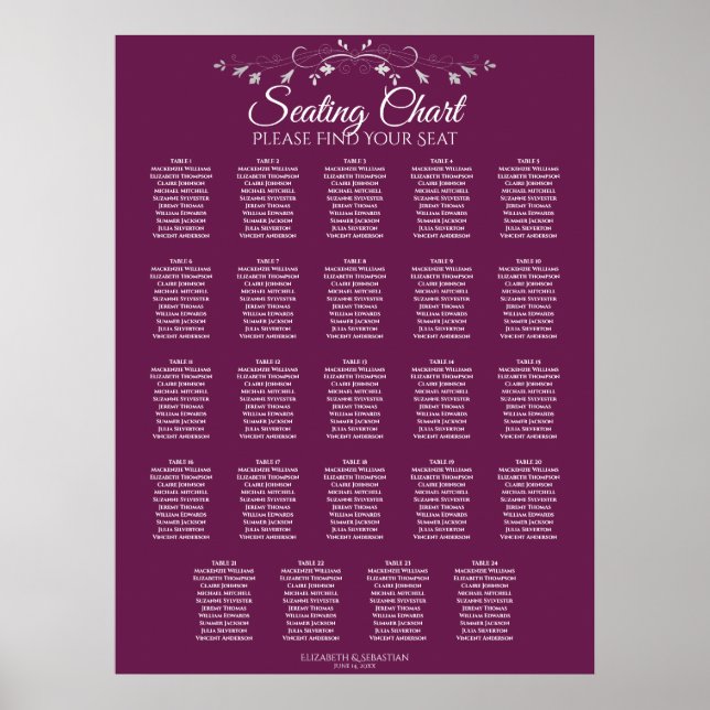 24 Table Elegant Cassis Wedding Seating Chart (Front)