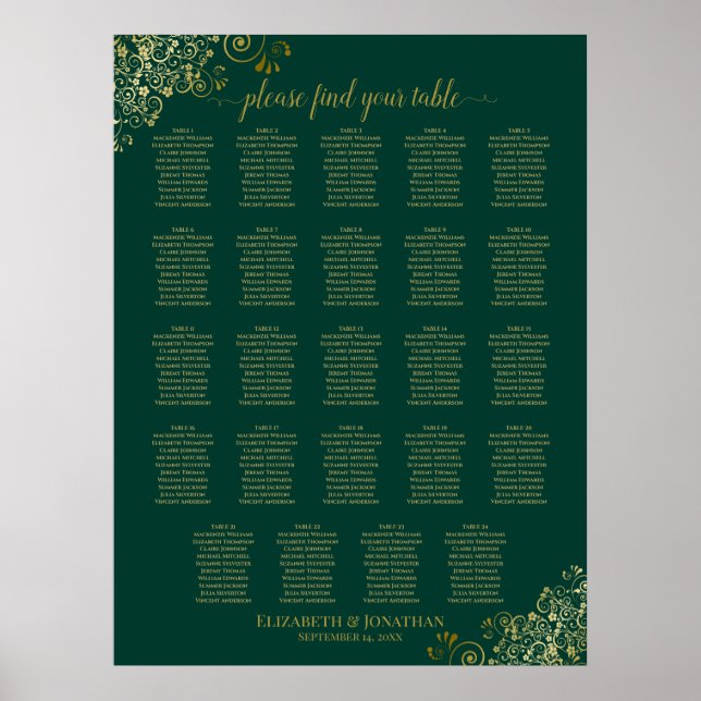 24 Table Emerald Green Gold Wedding Seating Chart (Front)
