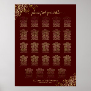 24 Table Gold & Auburn Brown Wedding Seating Chart