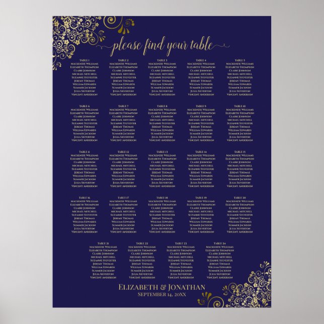 24 Table Gold Navy Blue Chic Wedding Seating Chart (Front)
