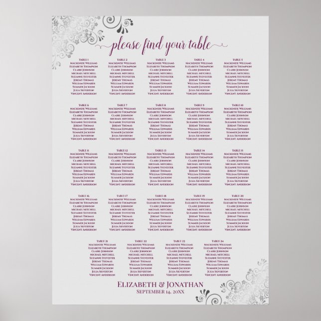 24 Table Magenta Plum & Gray Wedding Seating Chart (Front)