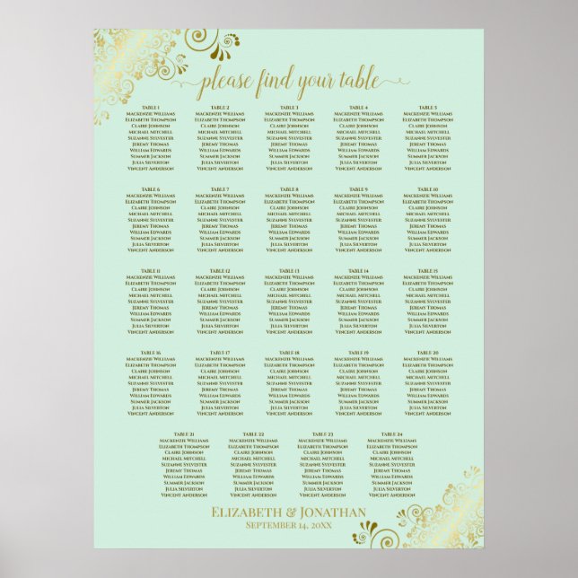 24 Table Mint Green & Gold Wedding Seating Chart (Front)