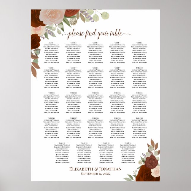 24 Table Orange Fall Floral Wedding Seating Chart (Front)