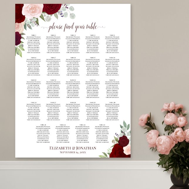 24 Table Red & Pink Floral Wedding Seating Chart (In Situ on Wall with Flowers)