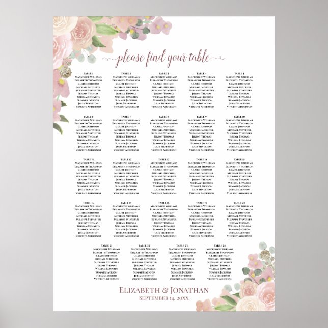 24 Table Rustic Pink Floral Wedding Seating Chart (Front)