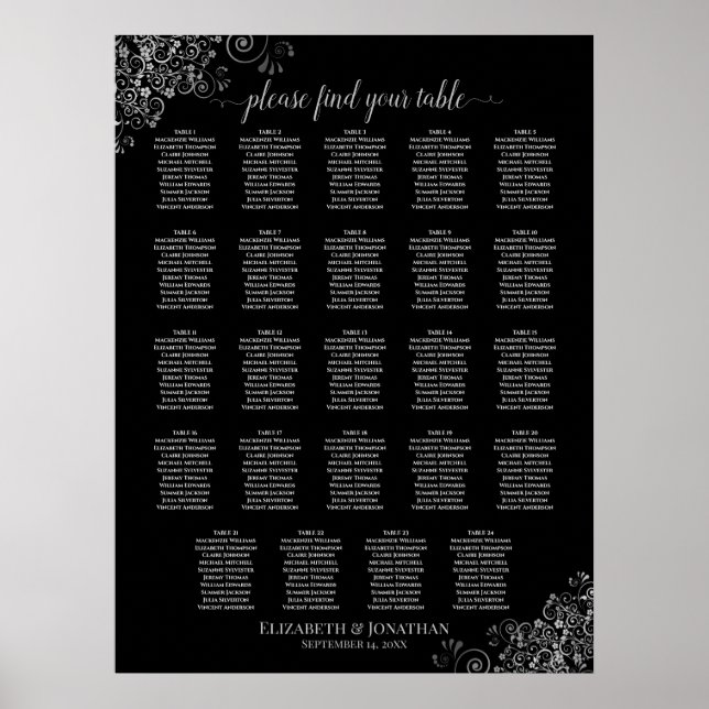 24 Table Silver & Black Wedding Seating Chart (Front)