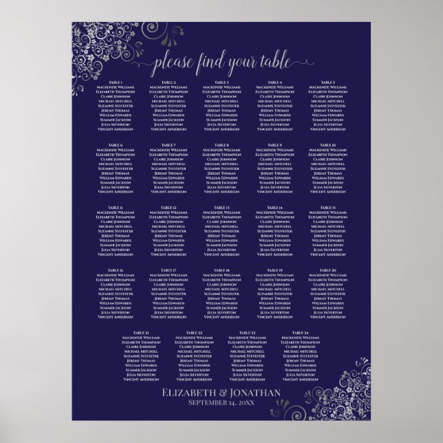 24 Table Silver & Navy Blue Wedding Seating Chart (Front)