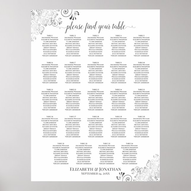 24 Table Silver & White Chic Wedding Seating Chart (Front)