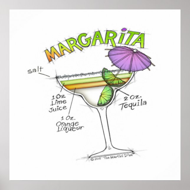 24" X 24" POSTER - MARGARITA RECEPE COCKTAIL ART (Devant)