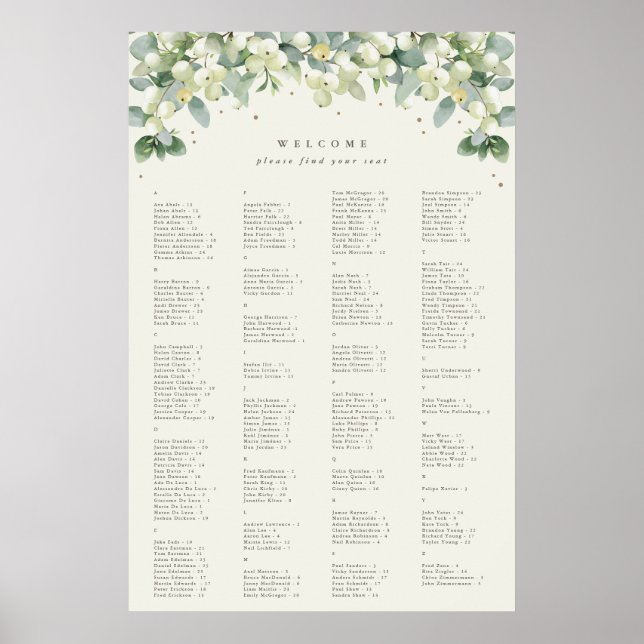 24 x 36" Alphabetical Seating Chart for 200 People (Front)