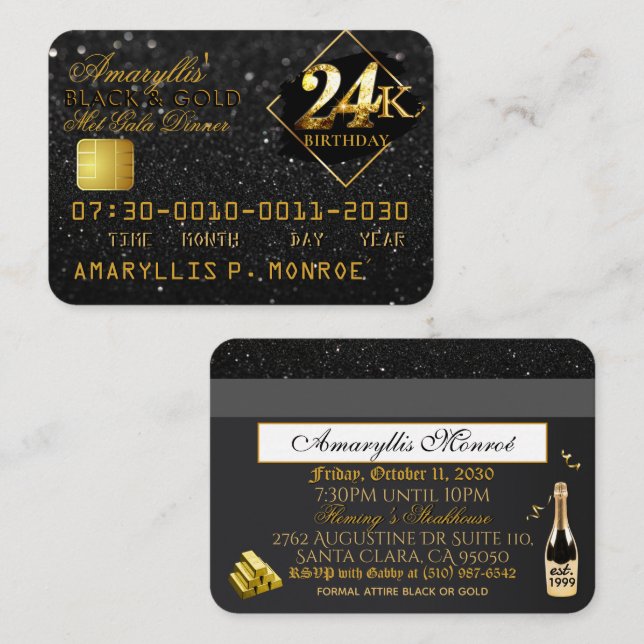 24K Black|Gold Credit Card Birthday Invitations (Front/Back)