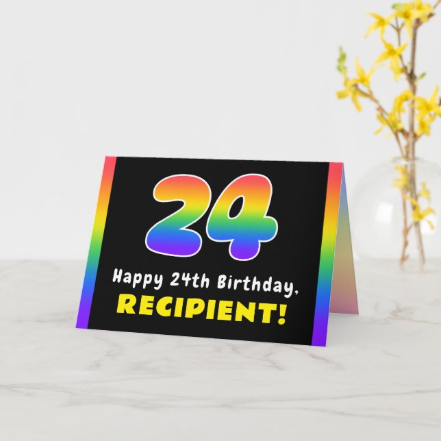 24th Birthday: Colourful Rainbow # 24, Custom Name Card (Yellow Flower)