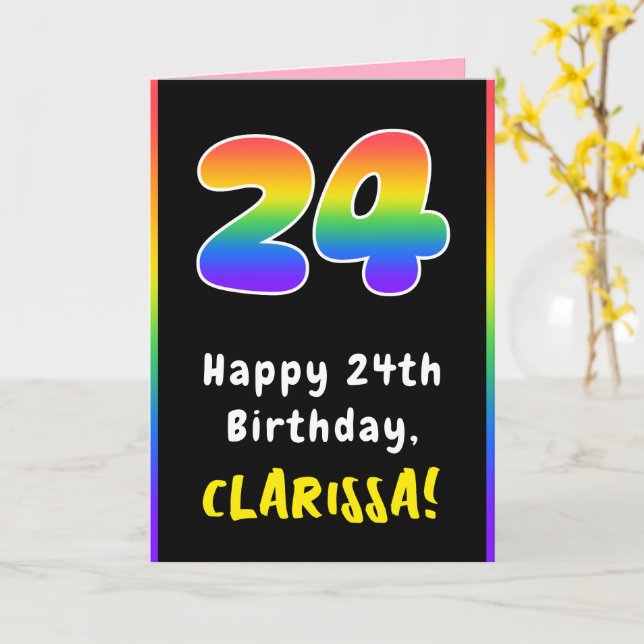 24th Birthday: Colourful Rainbow # 24, Custom Name Card (Yellow Flower)