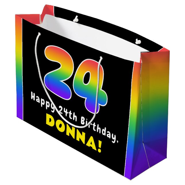 24th Birthday: Colourful Rainbow # 24, Custom Name Large Gift Bag (Back Angled)