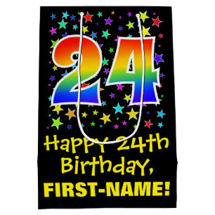 24th Birthday: Colourful Stars Pattern & Rainbow 2 Medium Gift Bag