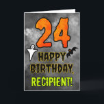 24th Birthday: Eerie Halloween Theme   Custom Name Card<br><div class="desc">The front of this scary and spooky Hallowe’en themed birthday greeting card design features a large number “24”. It also features the message “HAPPY BIRTHDAY, ”, and a custom name. There are also depictions of a bat and a ghost on the front. The inside features a customized birthday greeting message,...</div>