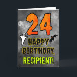 24th Birthday: Eerie Halloween Theme   Custom Name Card<br><div class="desc">The front of this scary and spooky Hallowe’en themed birthday greeting card design features a large number “24”. It also features the message “HAPPY BIRTHDAY, ”, and a custom name. There are also depictions of a bat and a ghost on the front. The inside features a customized birthday greeting message,...</div>