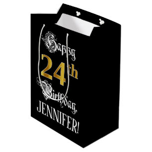 24th Birthday ~ Fancy Script; Faux Gold Look; Name Medium Gift Bag