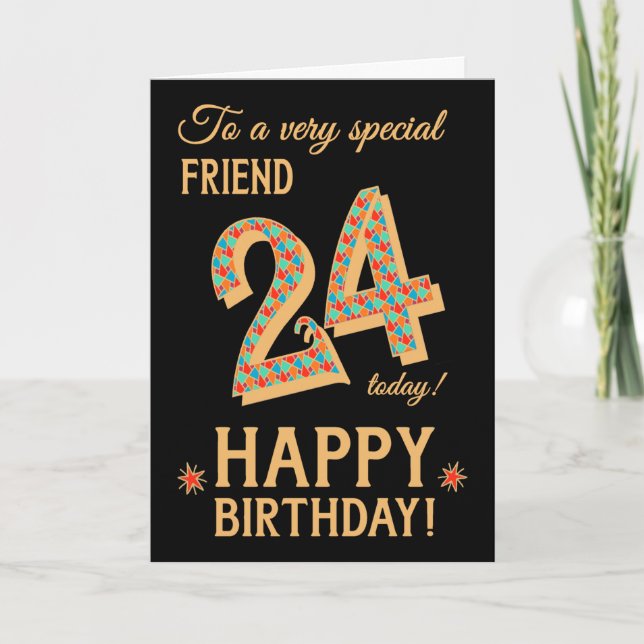24th Birthday, for Friend, Gold Effect on Black Card (Front)