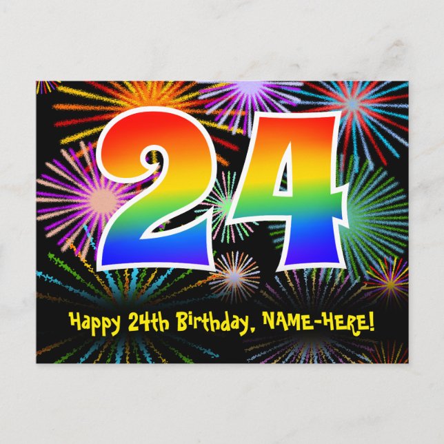 24th Birthday – Fun Fireworks Pattern + Rainbow 24 Postcard (Front)