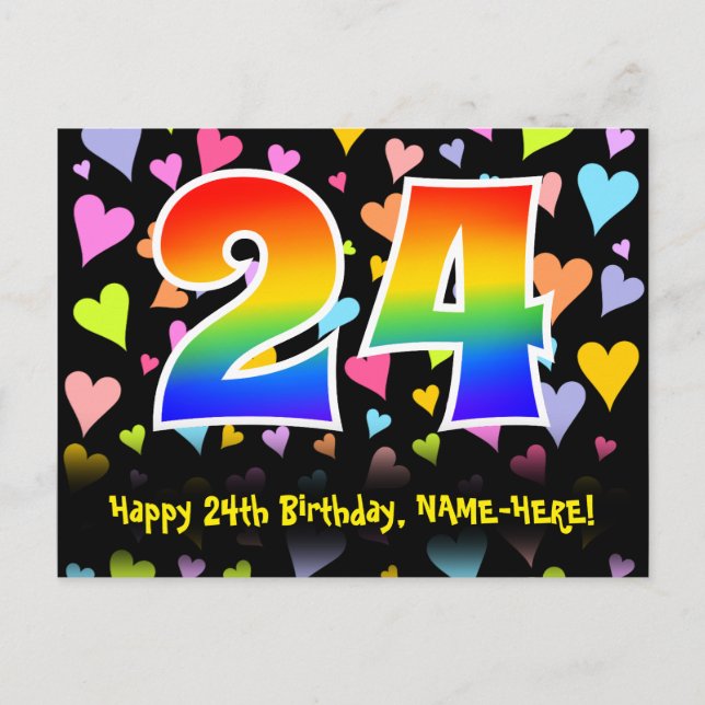 24th Birthday: Fun Hearts Pattern, Rainbow 24 Postcard (Front)