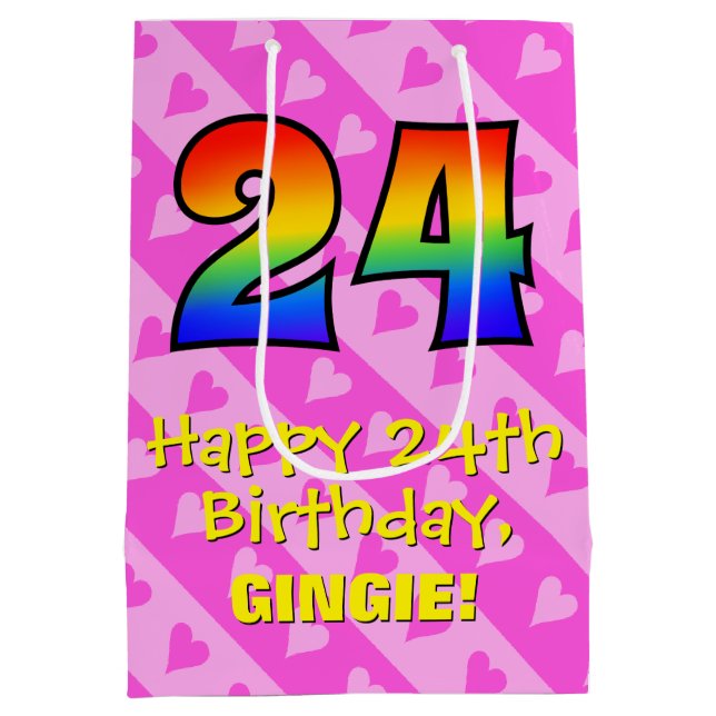 24th Birthday: Fun Pink Hearts Stripes; Rainbow 24 Medium Gift Bag (Back)