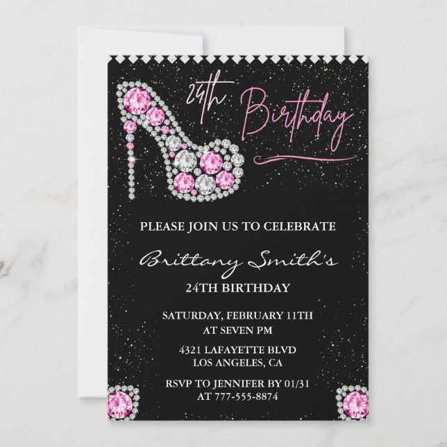 24th birthday invitation Diamond Glam Pink Silver  (Front)