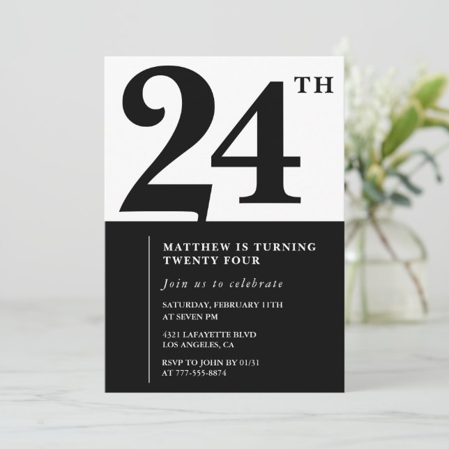 24th birthday invitations Black and White Elegant (Standing Front)