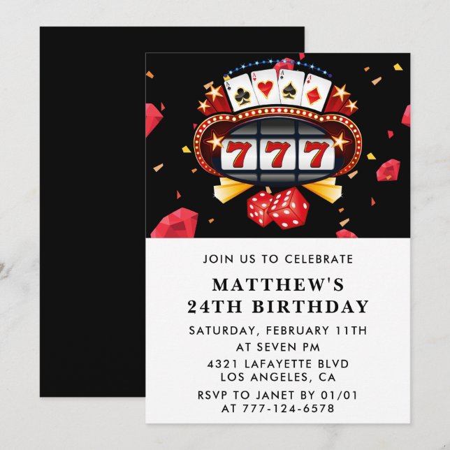 24th birthday invitations Casino theme Poker Black (Front/Back)