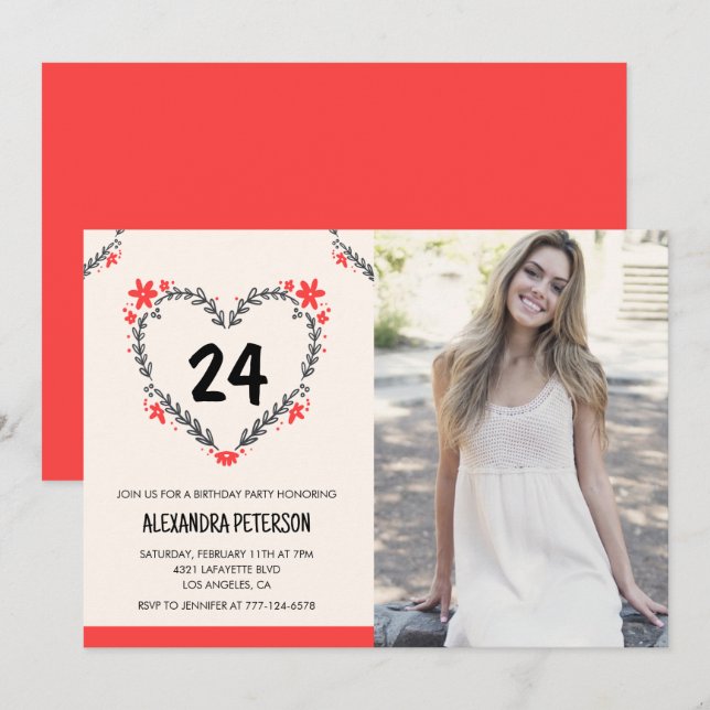 24th birthday invitations for her Floral Heart (Front/Back)