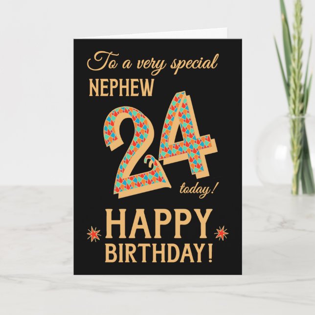 24th Birthday, Nephew, Gold Effect on Black Card (Front)