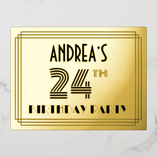 24th Birthday Party ~ Art Deco Style “24” + Name Foil Invitation Postcard