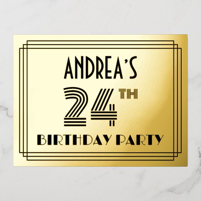 24th Birthday Party ~ Art Deco Style “24” + Name Foil Invitation Postcard (Front)