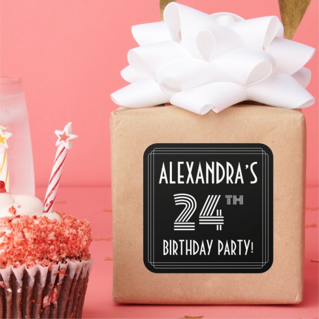 24th Birthday Party: Art Deco Style & Custom Name Square Sticker (Party)